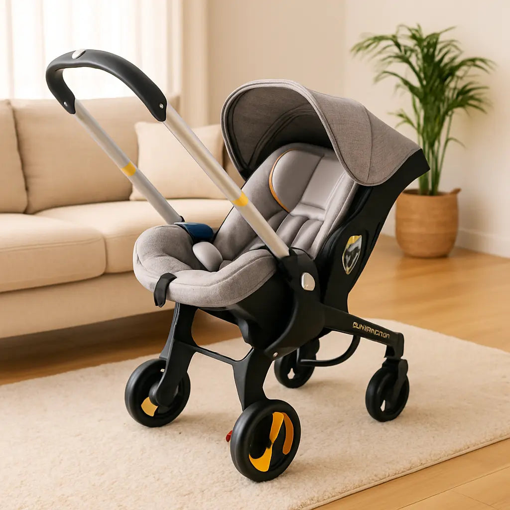 Poussette bebe confort grise au salon