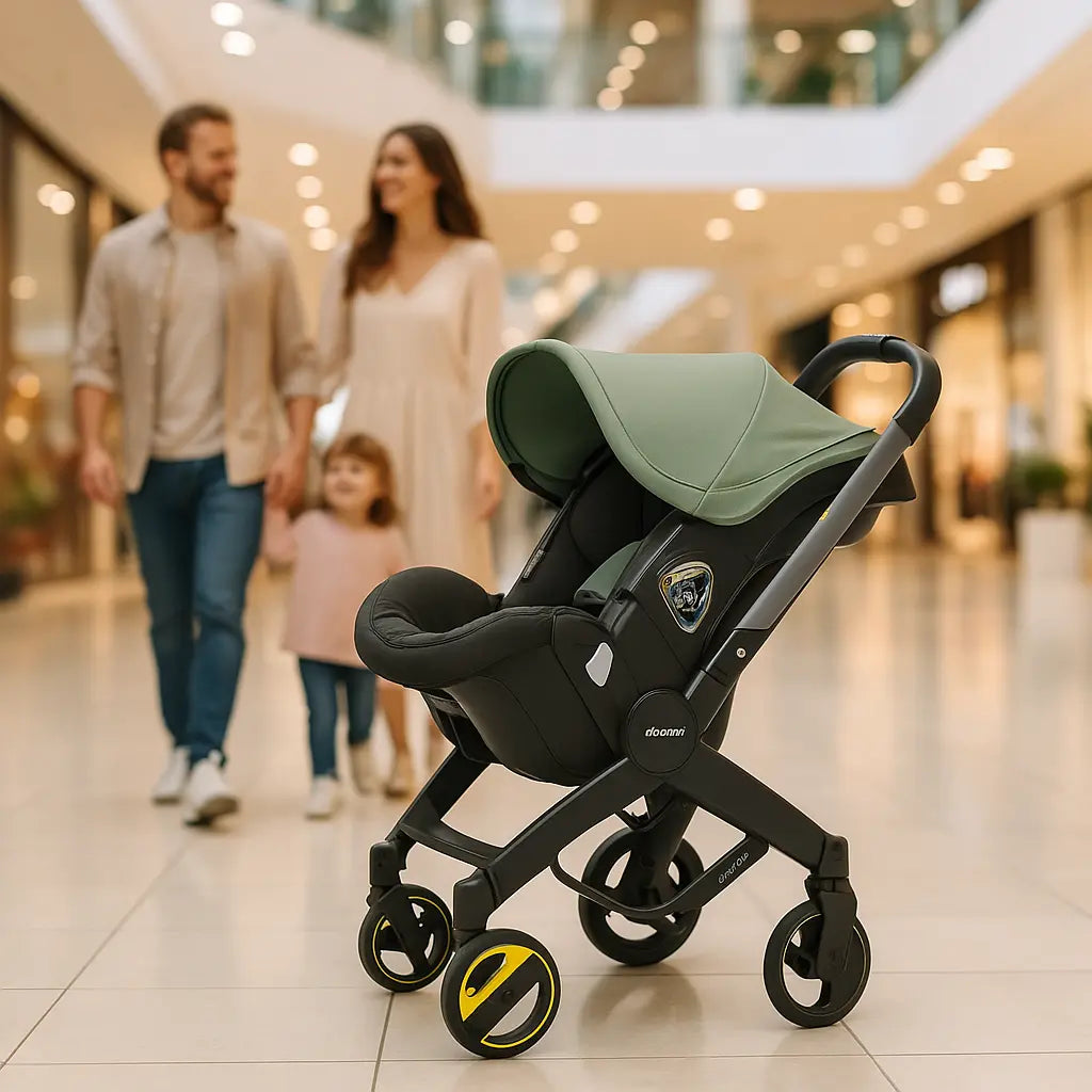 famille au centre achat avec poussette pour les bebes