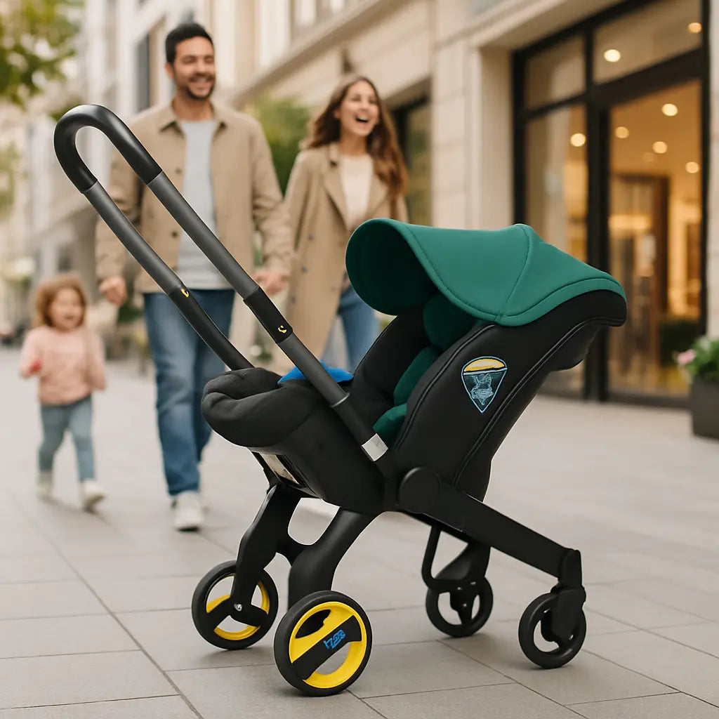 famille au centre ville avec poussette pour les bébés