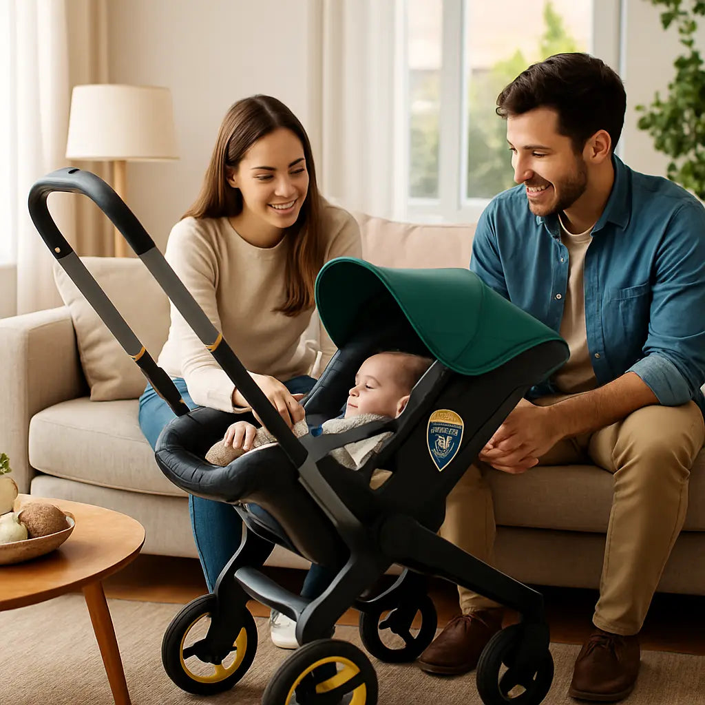 famille au salon avec bebe dans poussette pour bebe