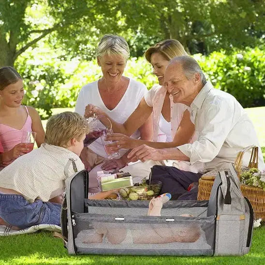 famille mange au parc avec bebe dans sac pour bebe