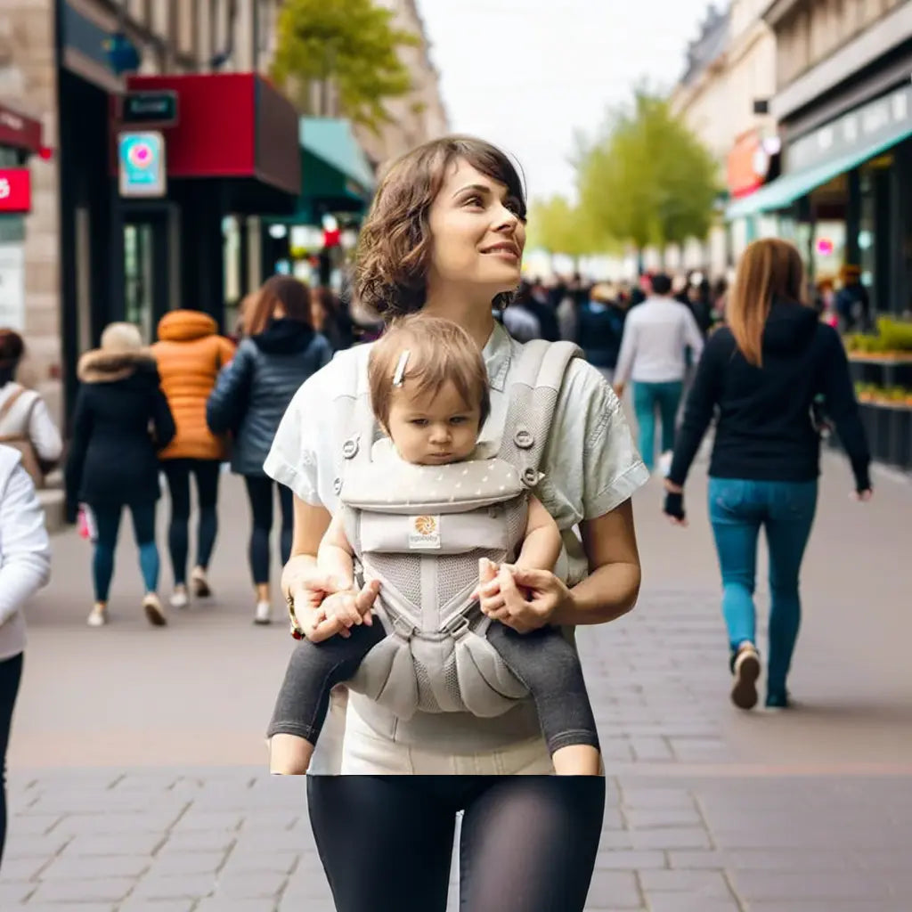 femme marche au centre ville avec bebe
