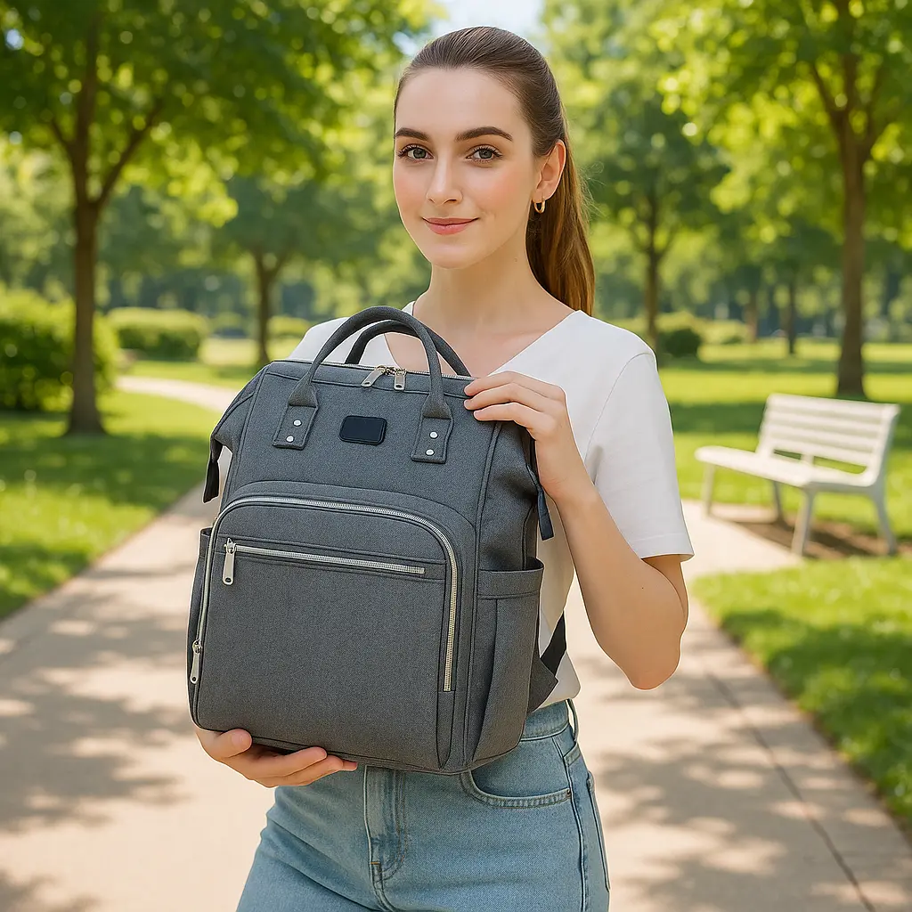 jeune femme marche avec grand sac a langer
