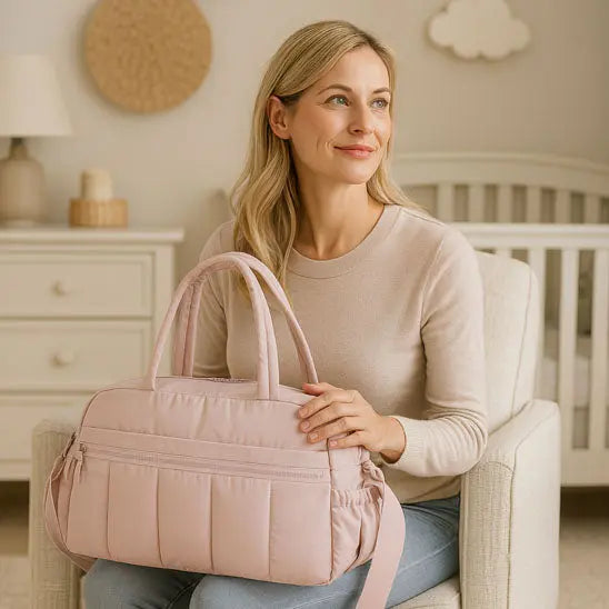 maman assise avec sac de voyage bebe sur les genoux