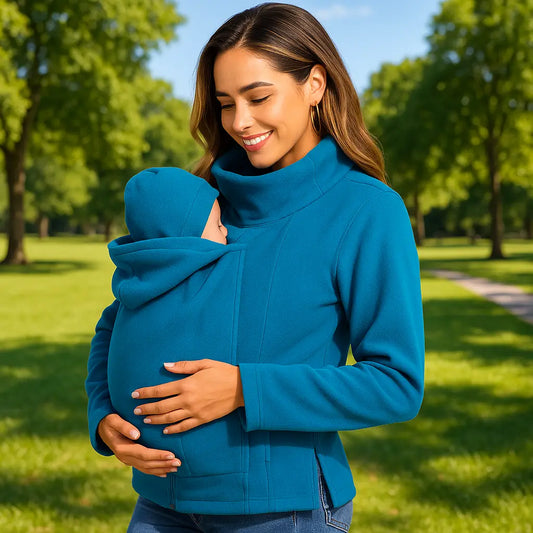 maman au parc souleve bebe dans veste de portage