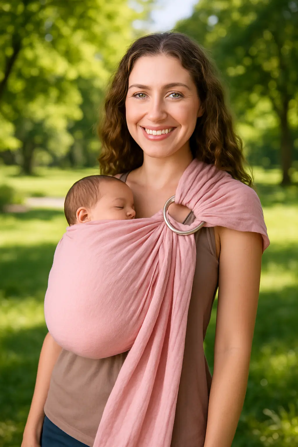 maman avec bebe au parc dans echarpe portage sling