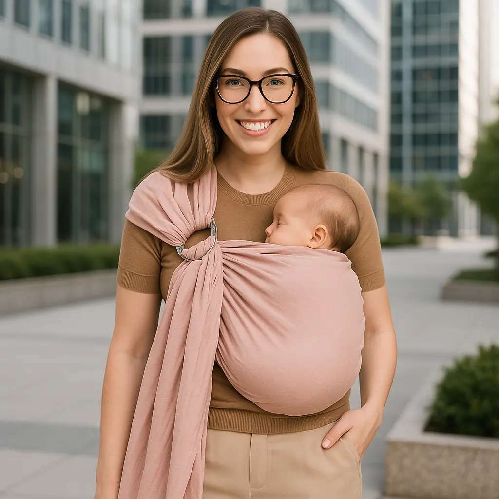 maman avec bebe centre ville dans echarpe portage sling