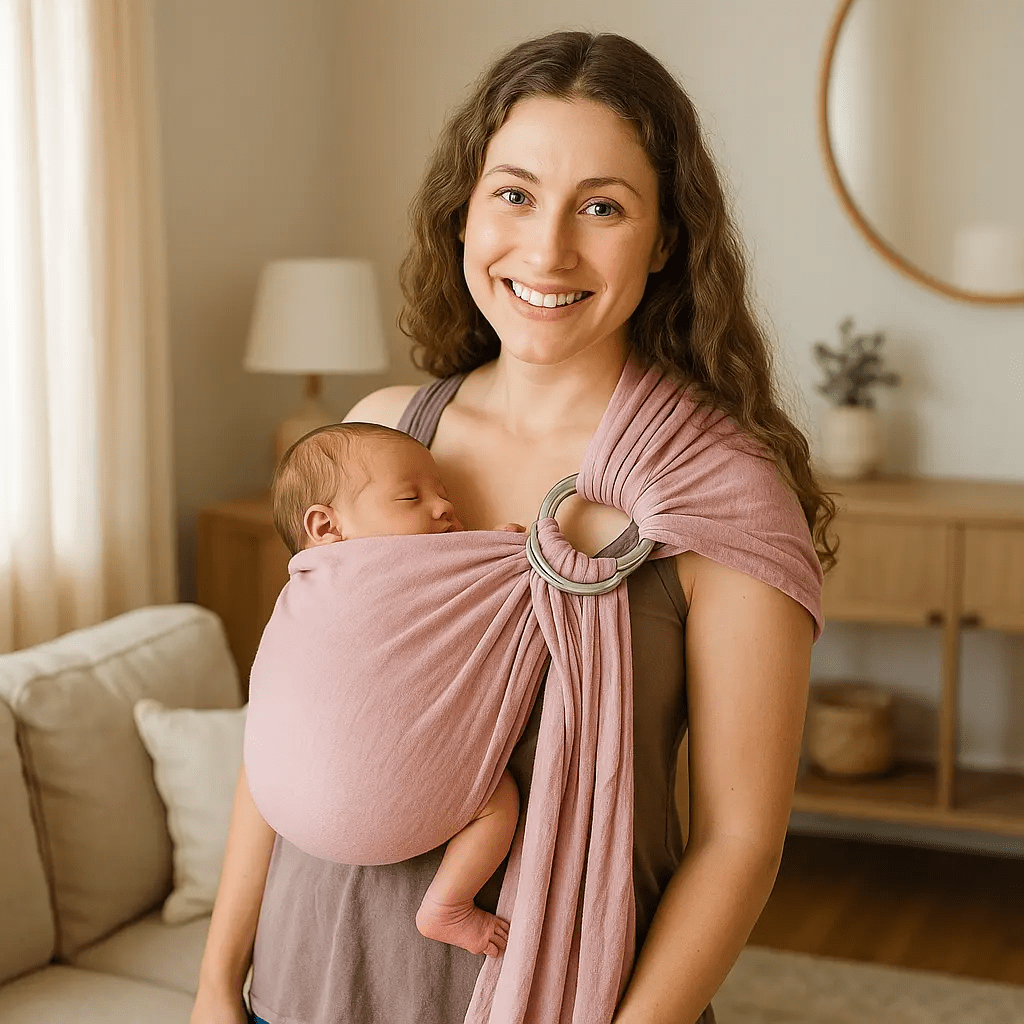maman avec bebe salon dans echarpe portage sling