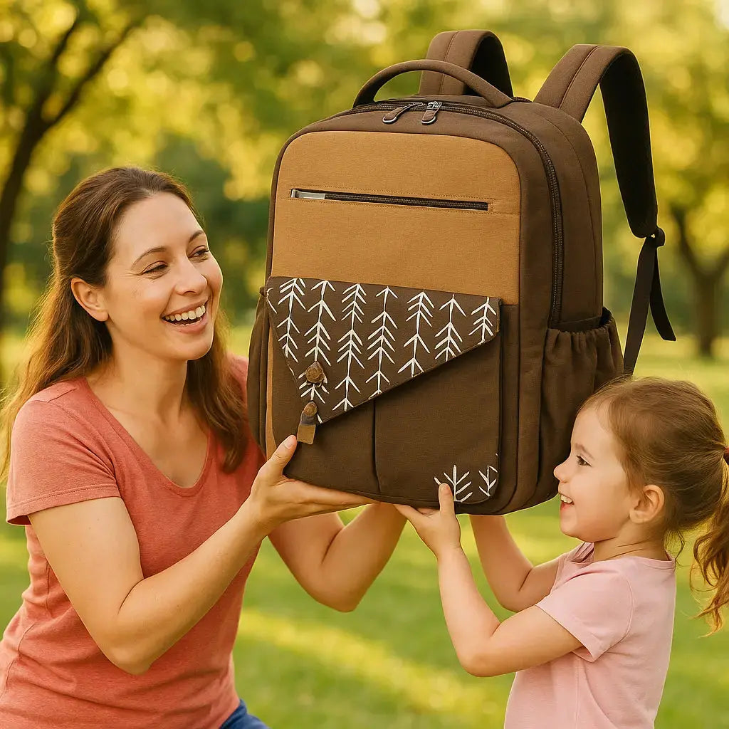 maman avec fille souleve sac a couche brun