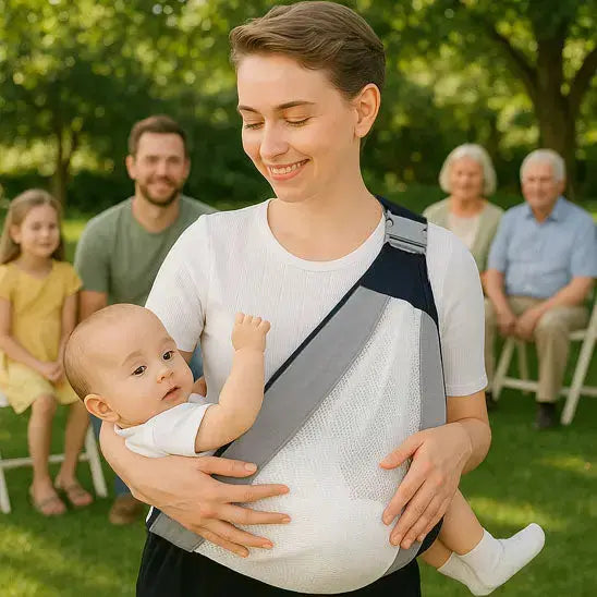 maman avec porte bebe sling gris au parc