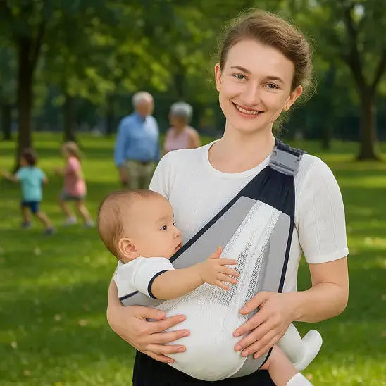 maman avec porte bebe sling gris