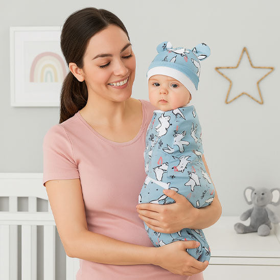 maman bebe dans couverture emmaillotage bleu