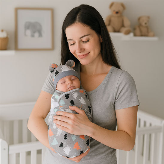 maman bebe enveloppe dans couverture emmaillotage
