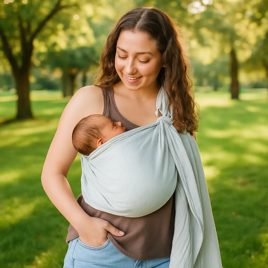 maman bebe parc avec echarpe portage sling gris