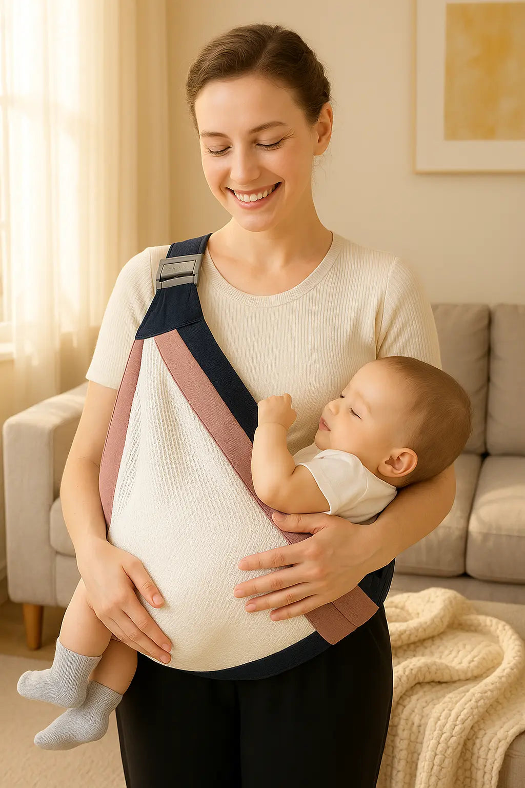maman dans chambre rit avec bebe dans porte bebe sling