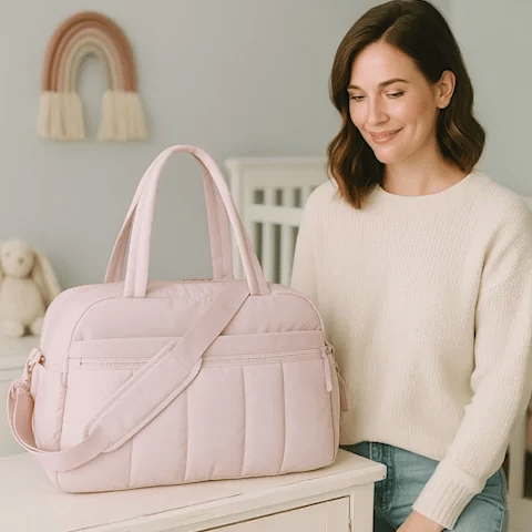 maman debout et sac de voyage bebe sur la table