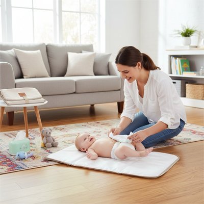 maman et bebe terre sur tapis a langer impermeable