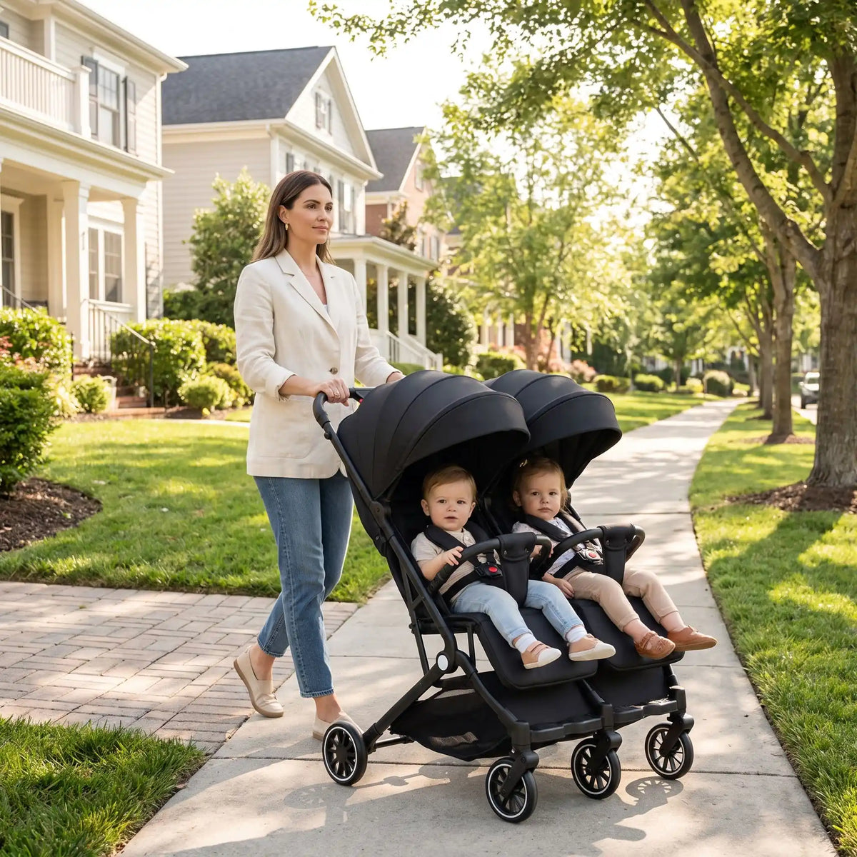 maman marche avec bebe jumeaux poussette