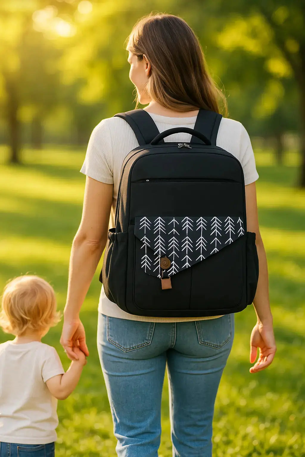 maman marche avec fille et sac a langer pratique dos