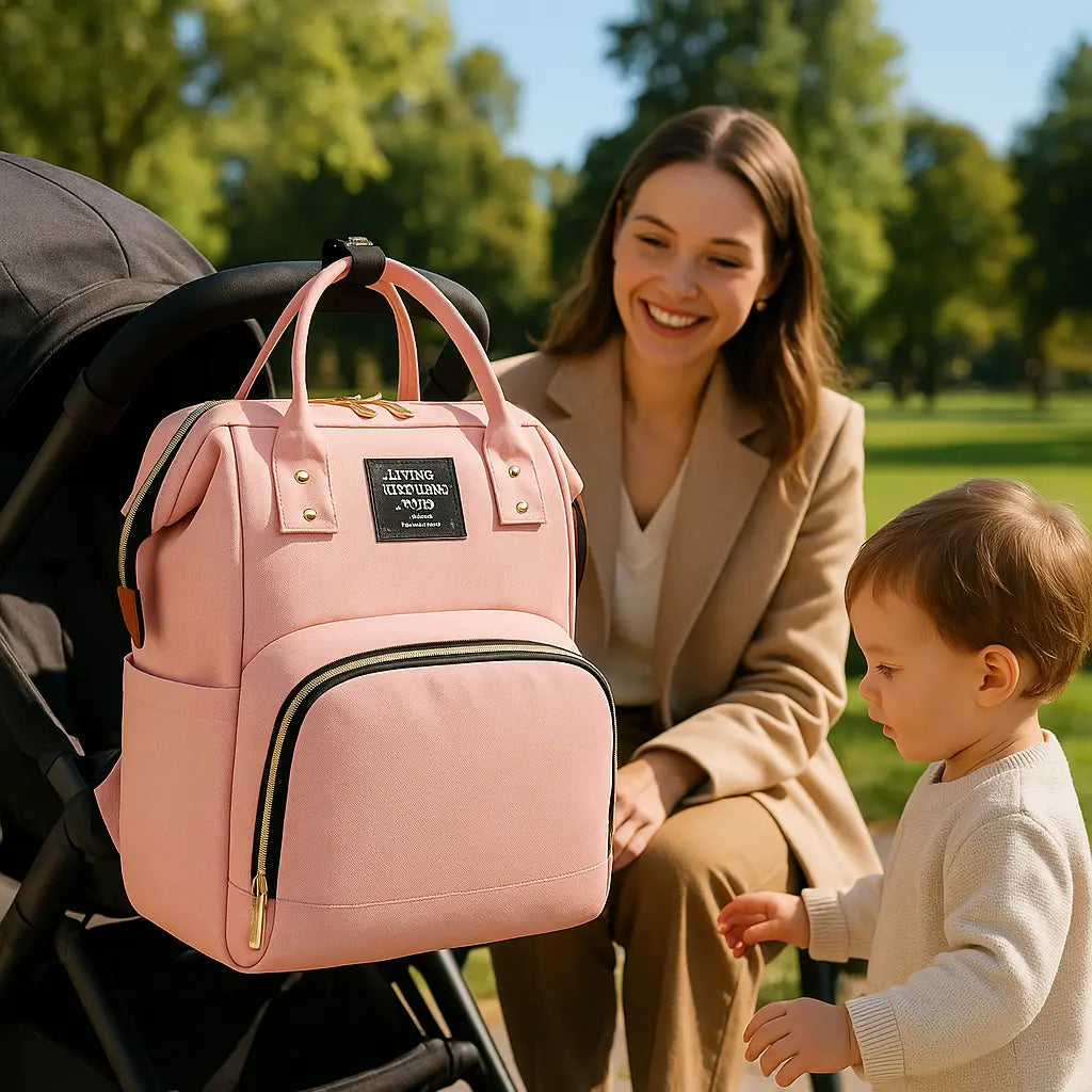 maman parc avec enfant sac dos langer accrocher poussette