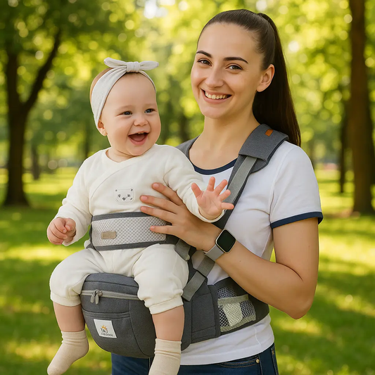 maman parc bebe dans porte bebe face au monde