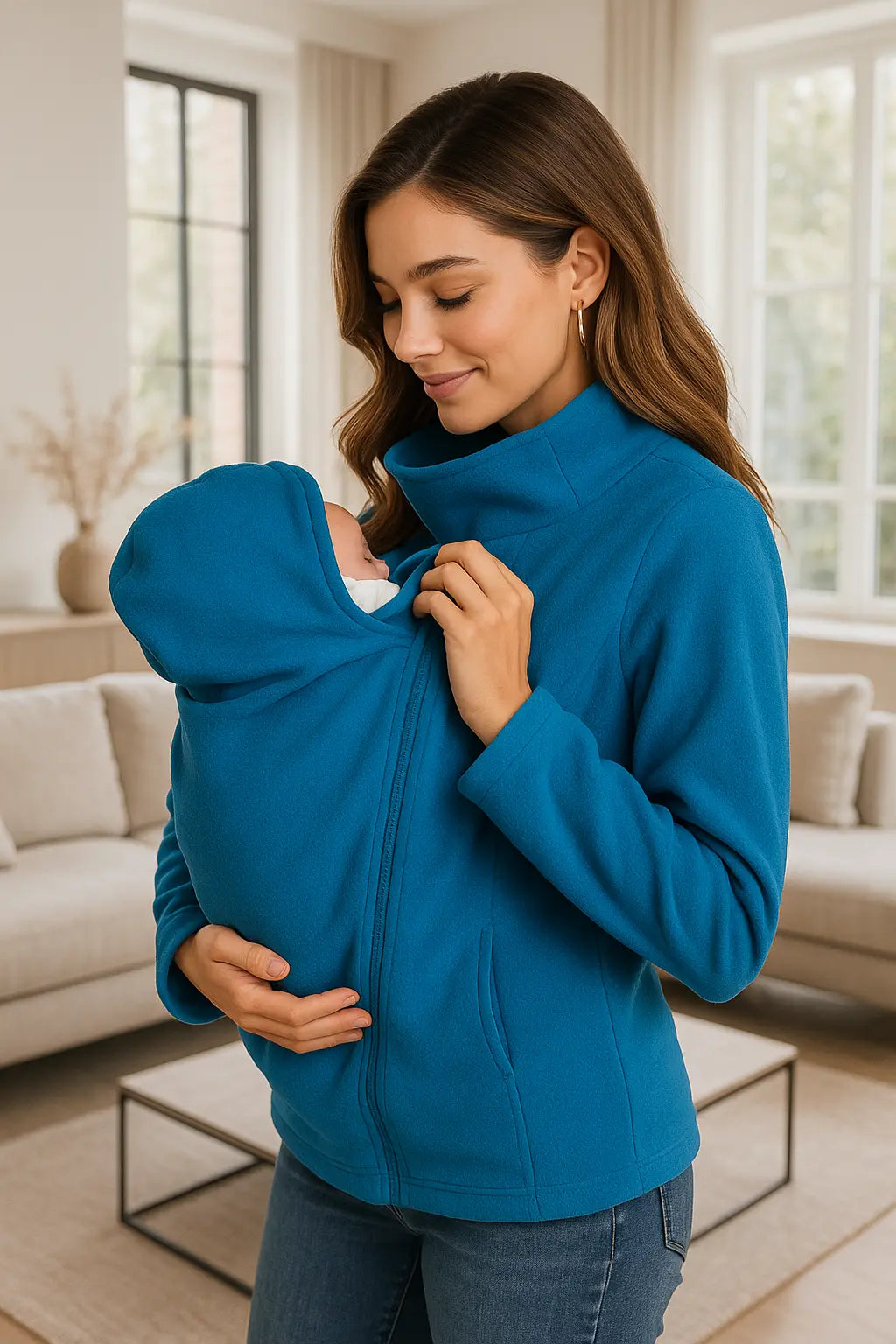 maman porte bebe dans veste de portage bleu