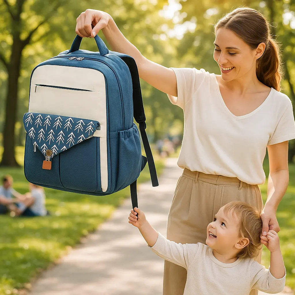 maman porte sac a langer par avant avec garcon main