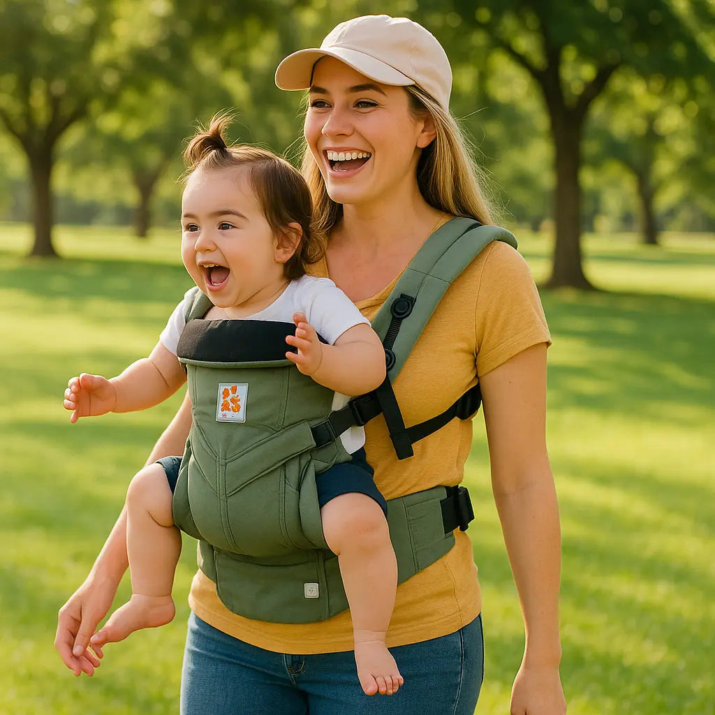 maman ri avec bebe dans porte bebe
