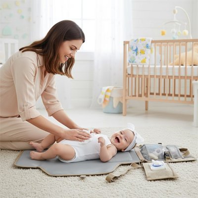 maman rit avec bebe sur tapis a langer nomade