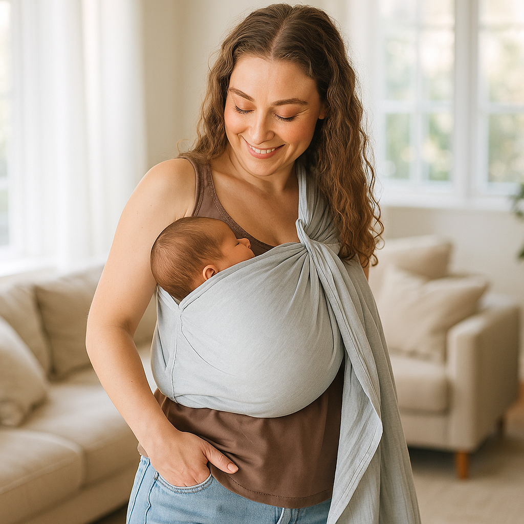 maman salon avec echarpe portage sling gris