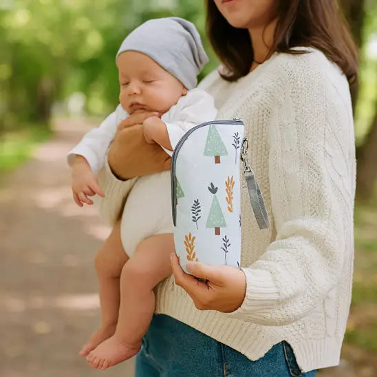 maman tient bebe et porte biberon