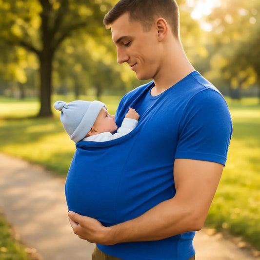 papa au parc avec bebe dans t shirt porte bebe bleu