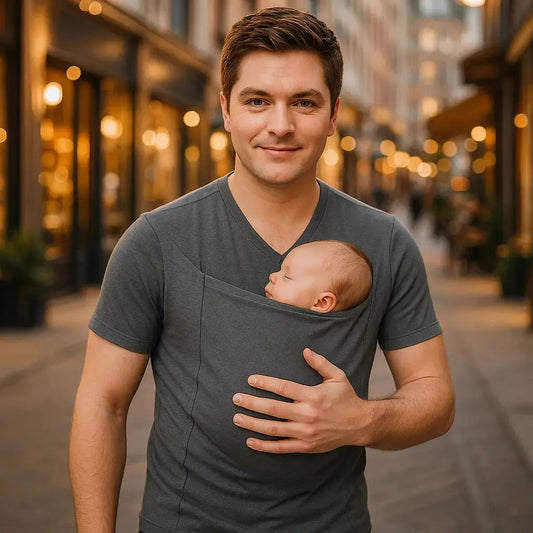 papa et bebe dans t shirt porte bebe en ville