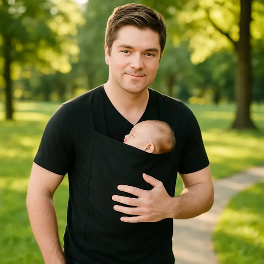 papa parc avec bebe dans t shirt porte bebe homme