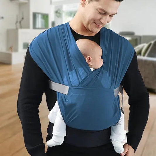 papa porte bebe avec echarpe portage bleu