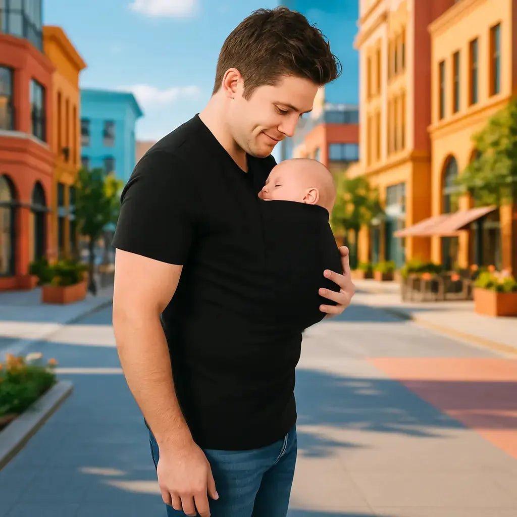 papa ville avec bebe dans t shirt porte bebe homme