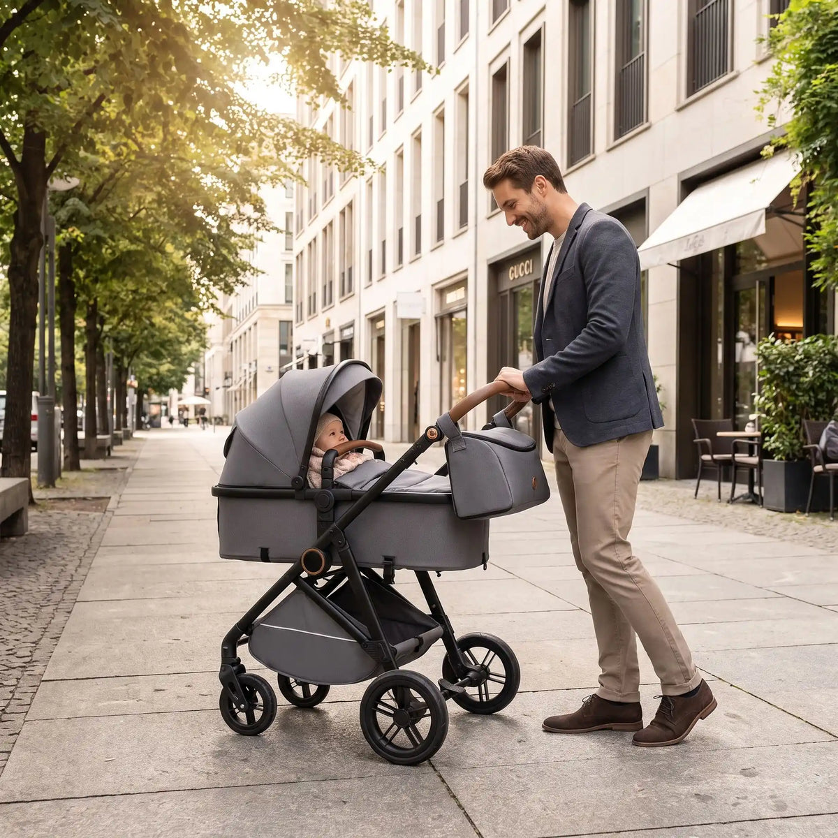papa ville avec bebe poussette bebe 2 en 1