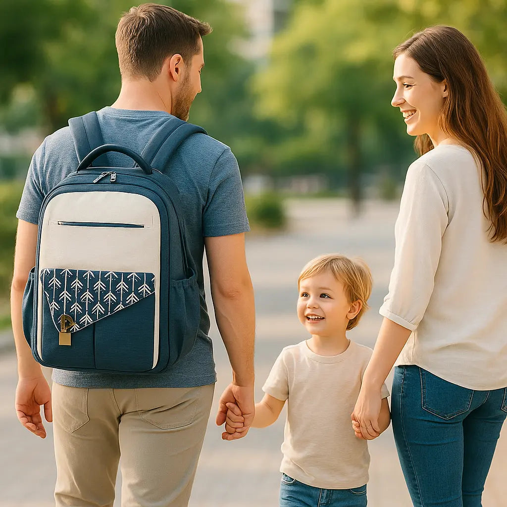 parents tiennent main garcon avec sac a dos a langer
