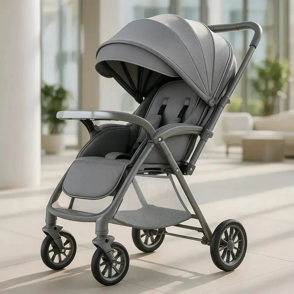 poussette compacte grise au salon