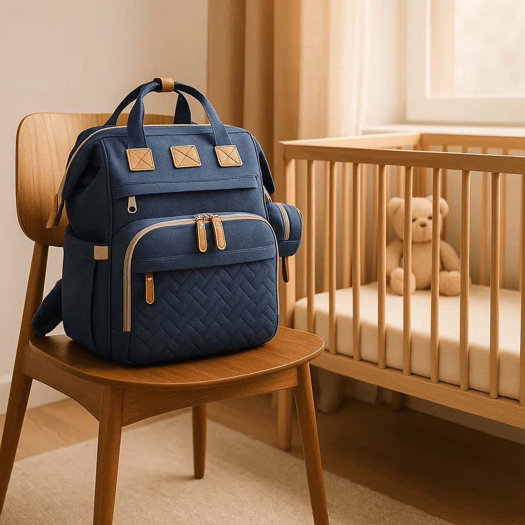 sac a langer bleu sur table dans la-chambre