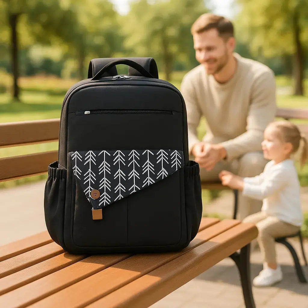 sac a langer pratique sur banc avec papa fille