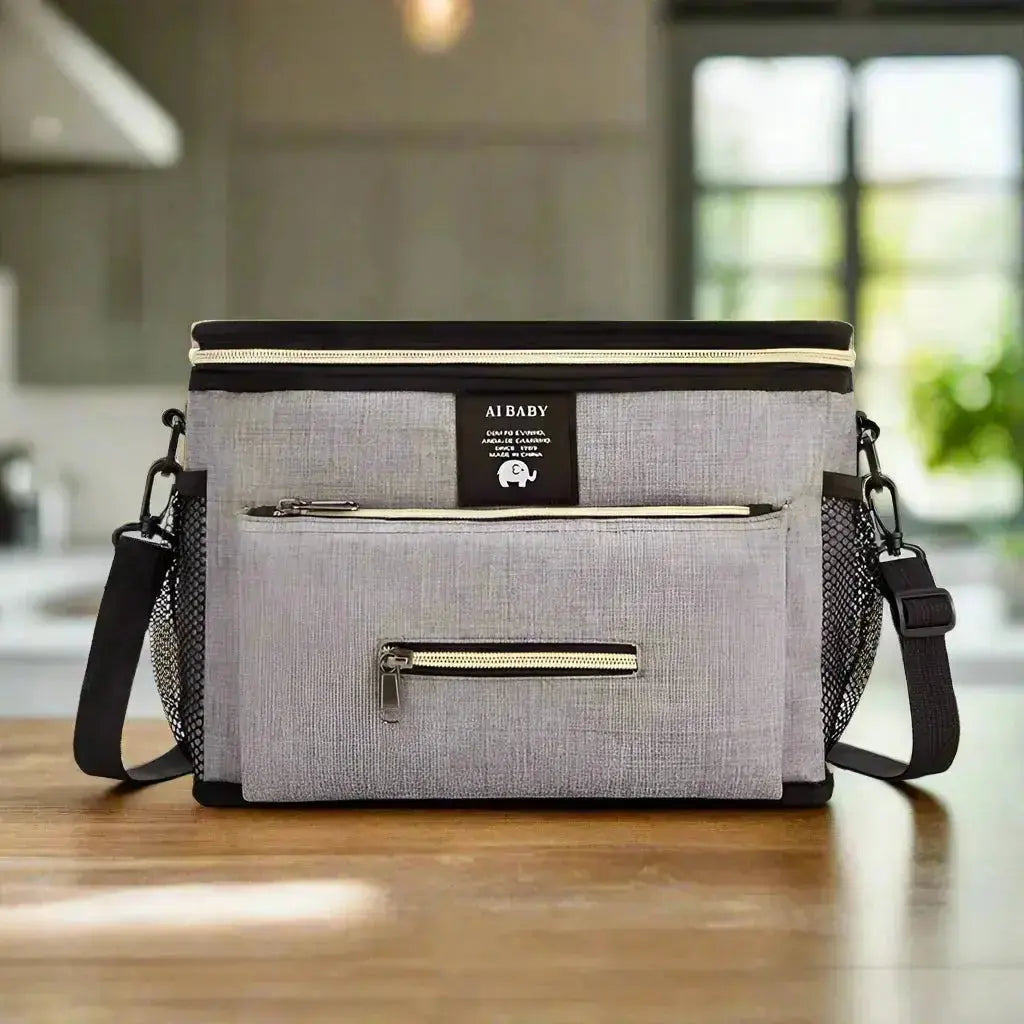 sac langer gris sur une table