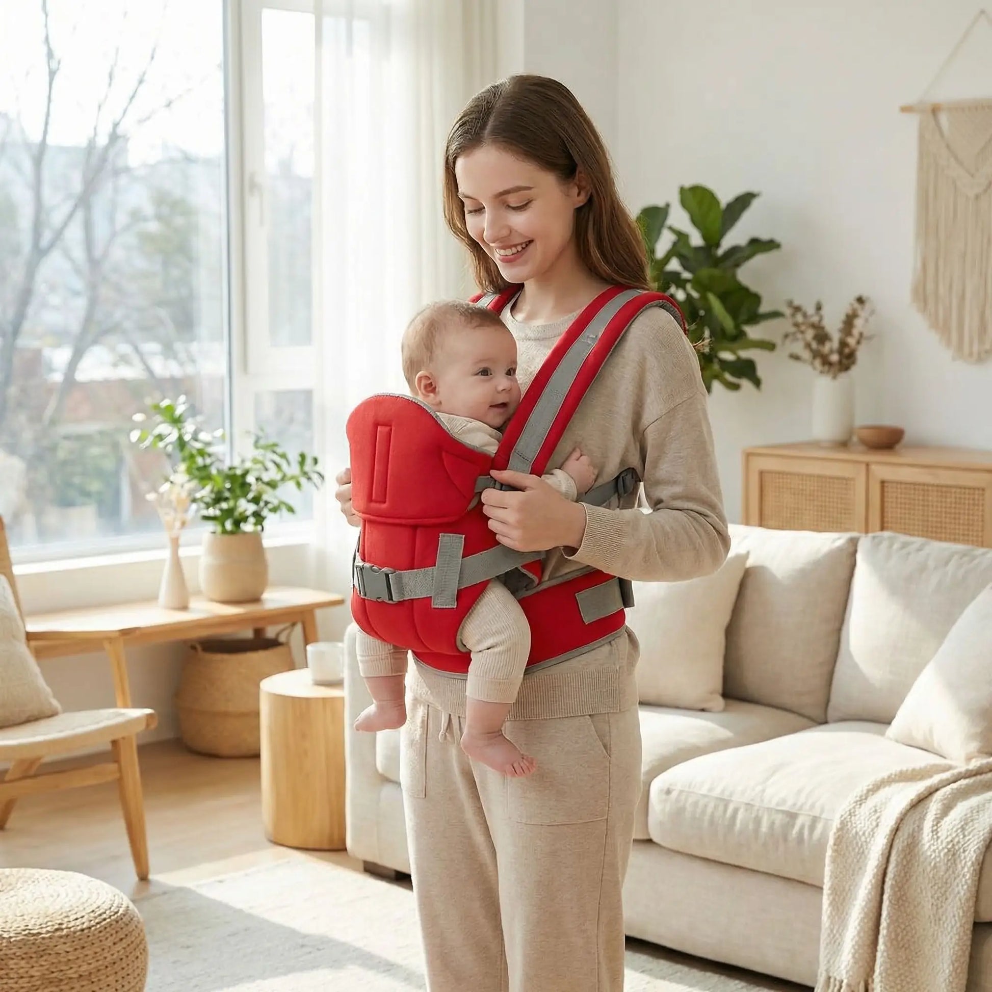 Maman salon avec bebe dans porte bebe