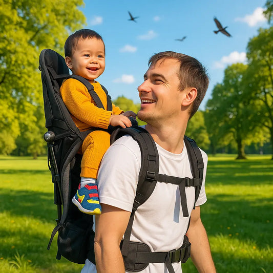 Papa fait randonnee avec bebe dans porte bebe rando