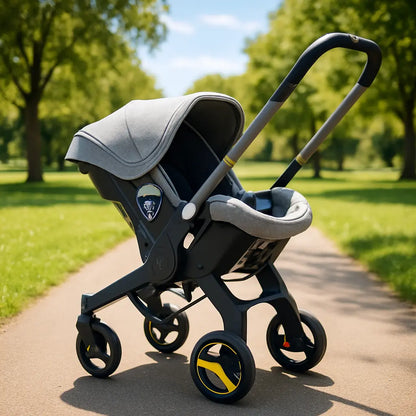 Poussette bebe confort grise au parc