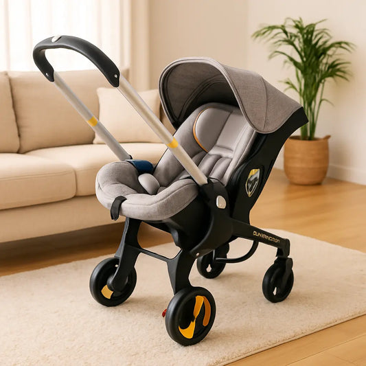 Poussette bebe confort grise au salon