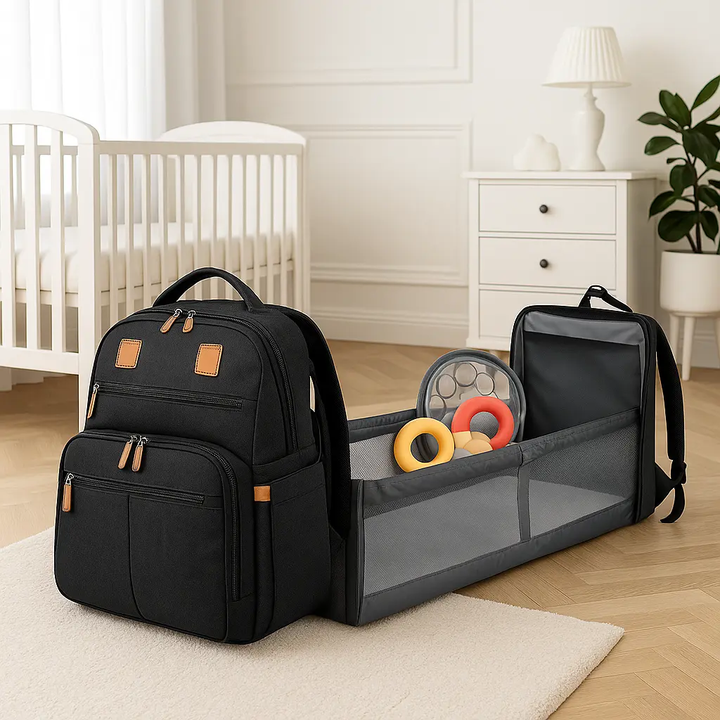 Sac a langer 3 en 1 noir ouvert au salon