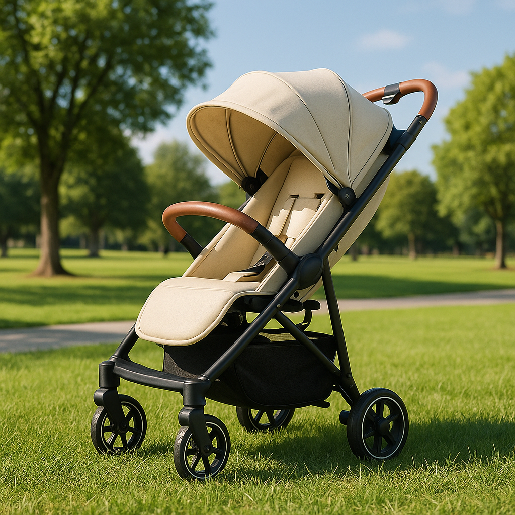 bebe confort poussette beige au parc