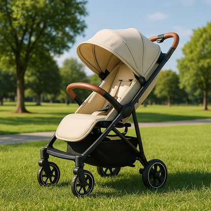 bebe confort poussette beige au parc