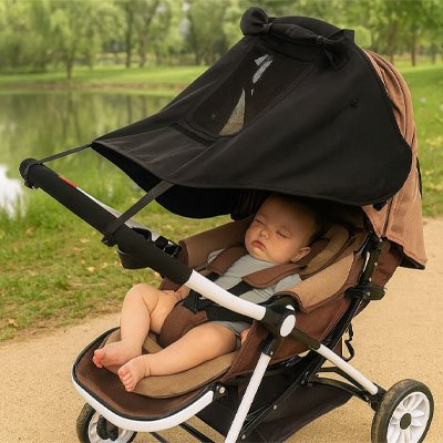 bebe dans poussette avec pare soleil pour poussette noir